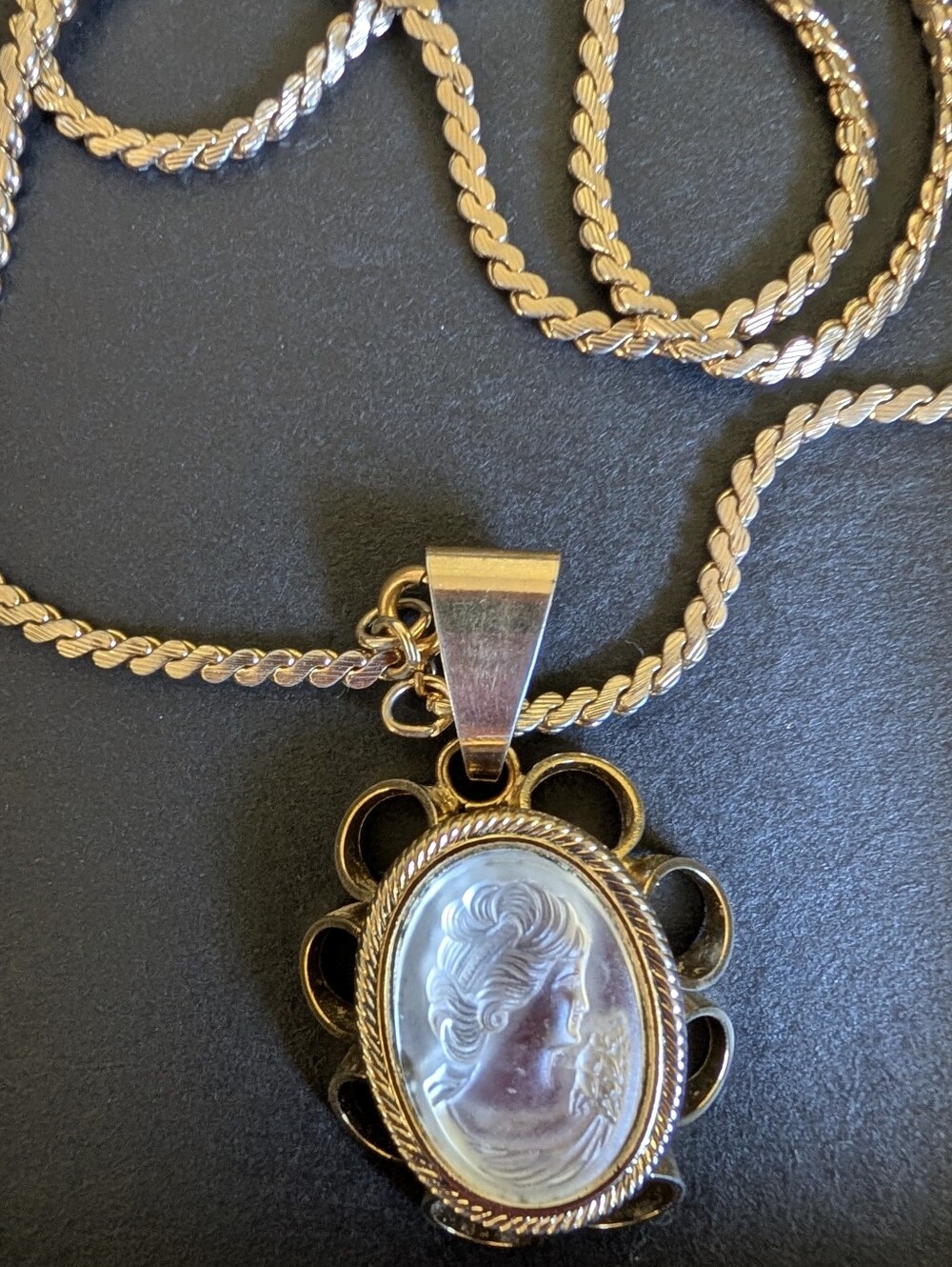 Vintage Cameo Frosted Pendant Necklace From 1975 Classic Long Chain Jewelry